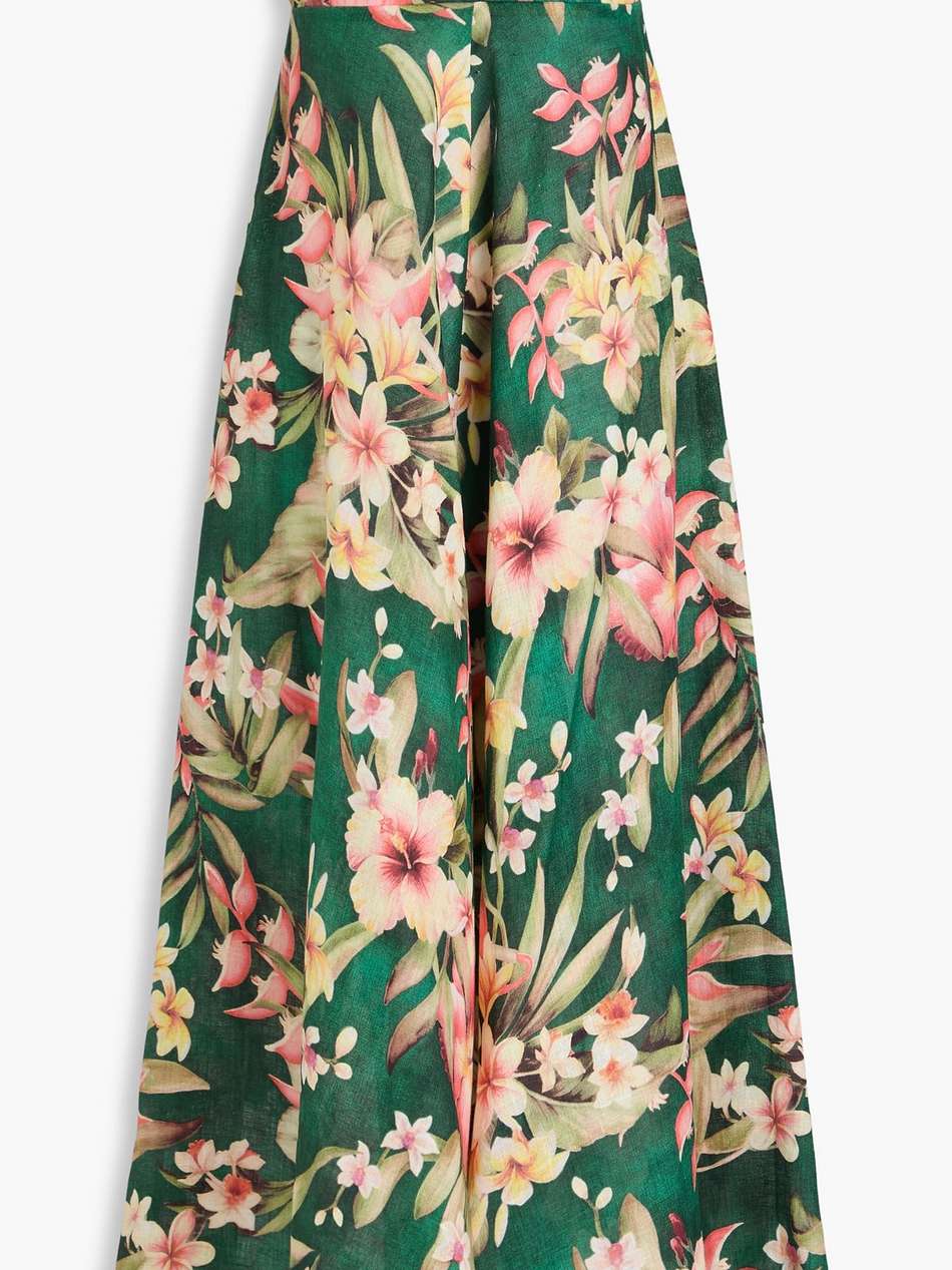 strapless shirred floral-print linen midi dress