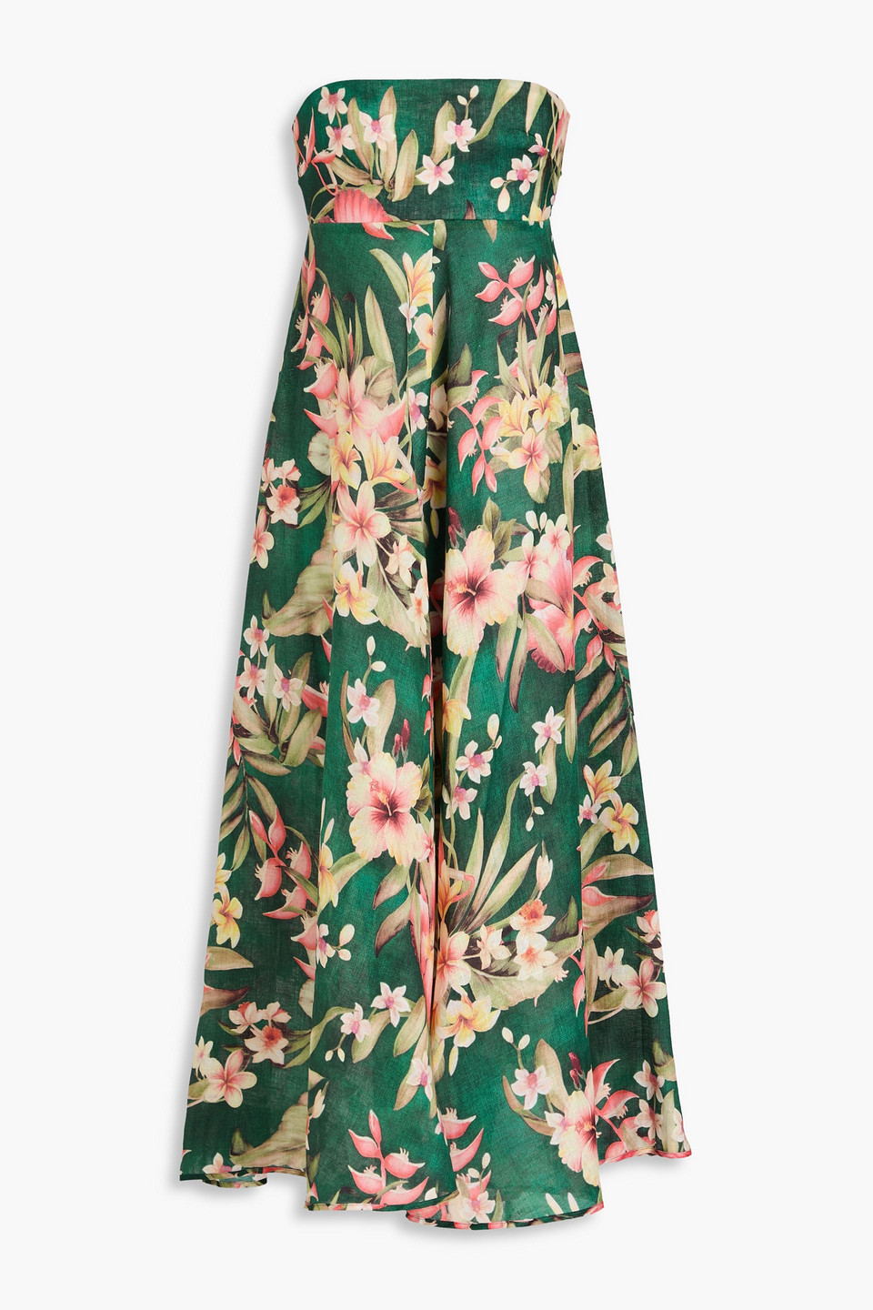 Zimmermann Lexi Strapless Floral-print Linen Midi Dress In Forest Green