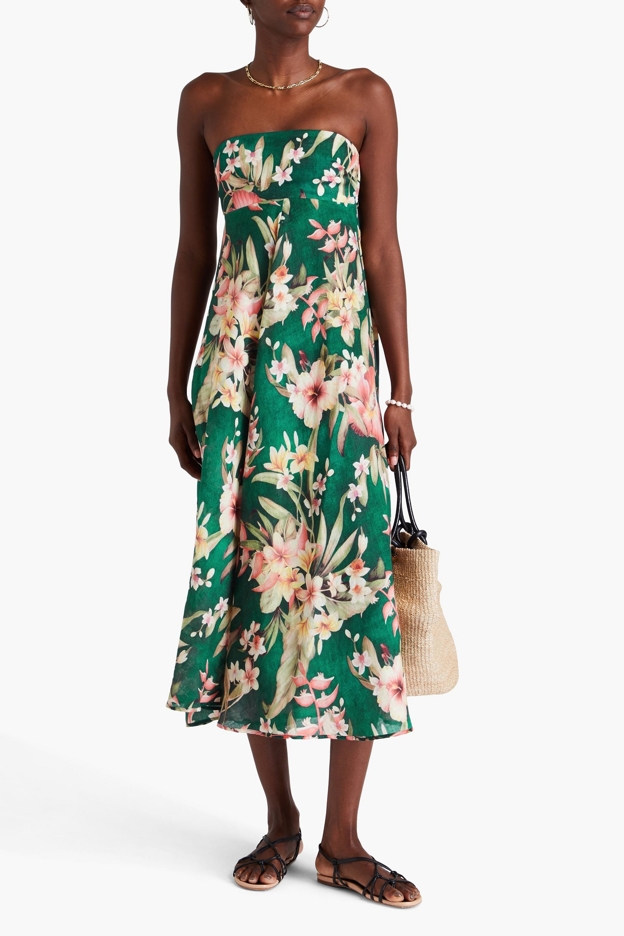 Zimmermann Strapless shirred floral-print linen midi dress