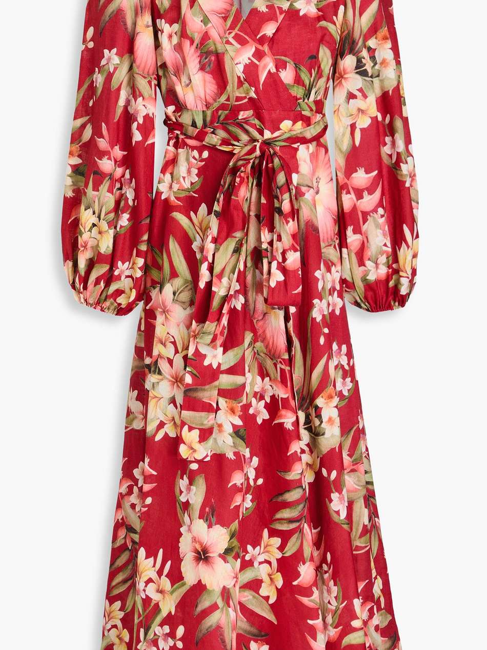 floral-print linen midi wrap dress