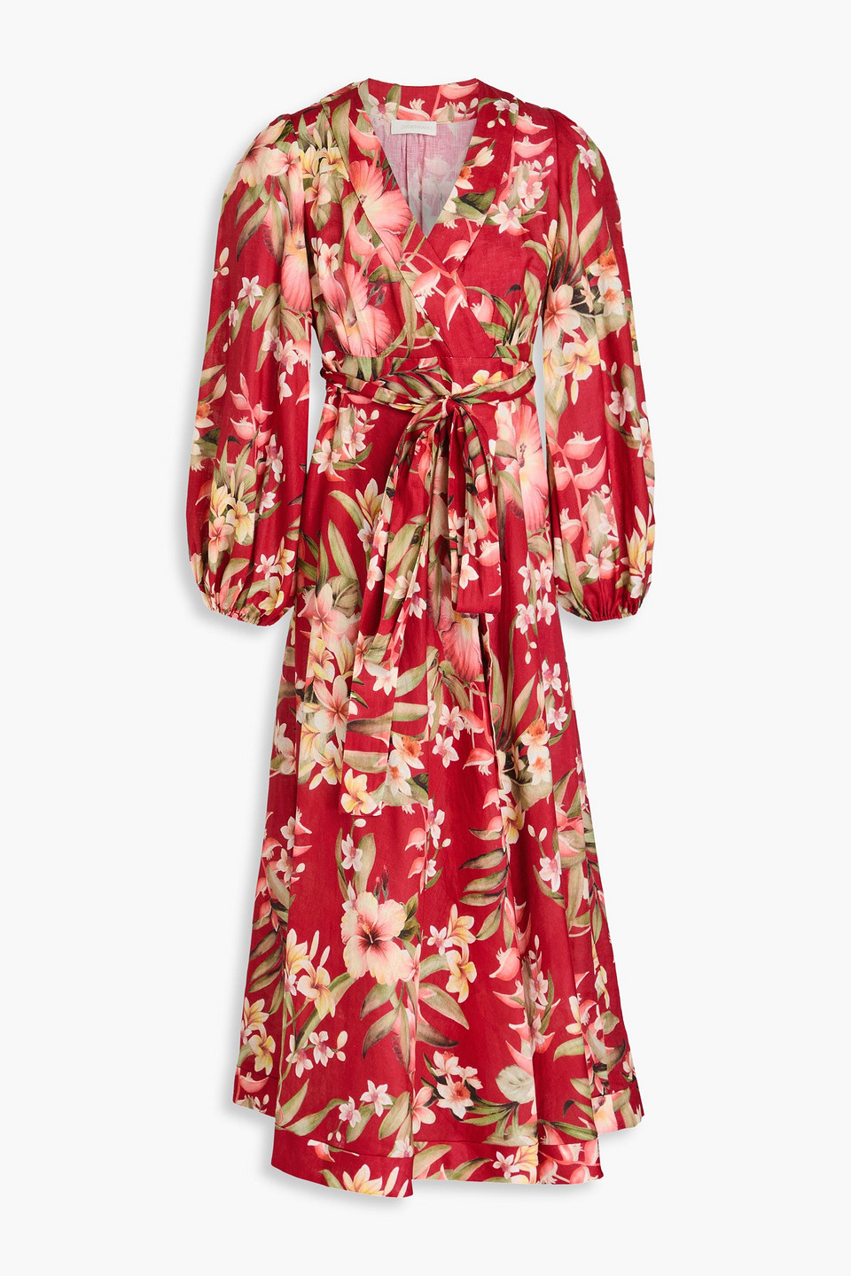 Floral-print linen midi wrap dress
