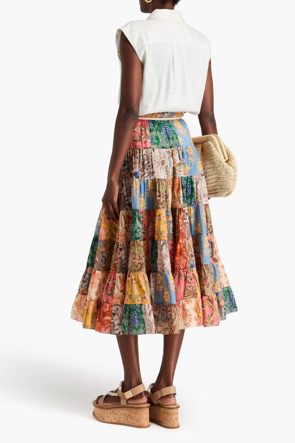 Zimmermann Belted Patchwork Cotton-gauze Midi Skirt In Peach