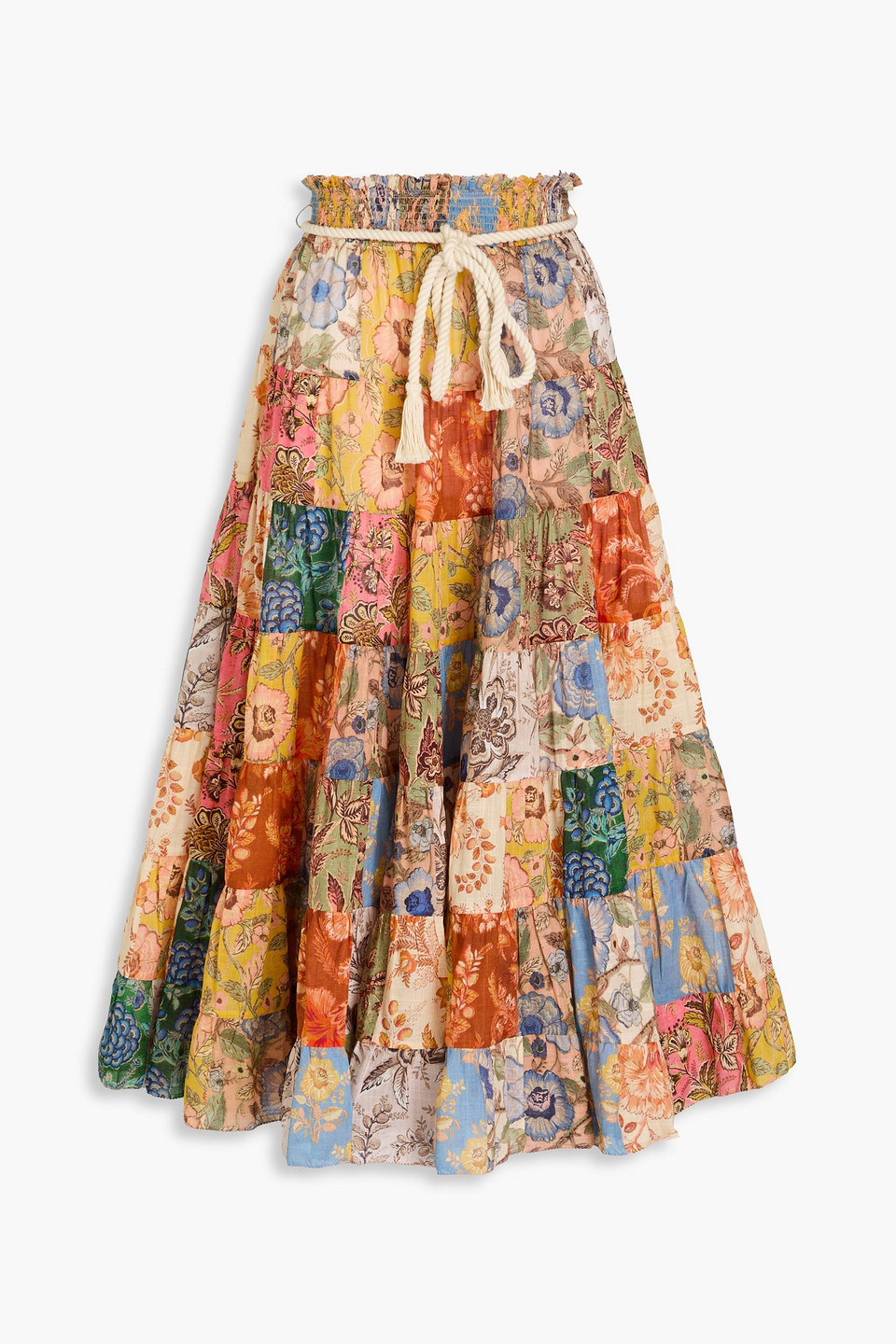 Zimmermann Belted Patchwork Cotton-gauze Midi Skirt In Peach