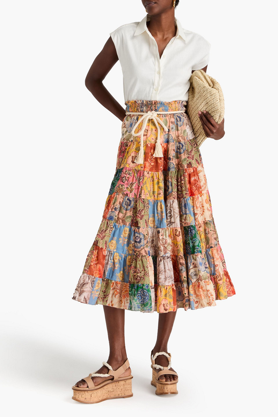 Zimmermann Belted Patchwork Cotton-gauze Midi Skirt In Peach
