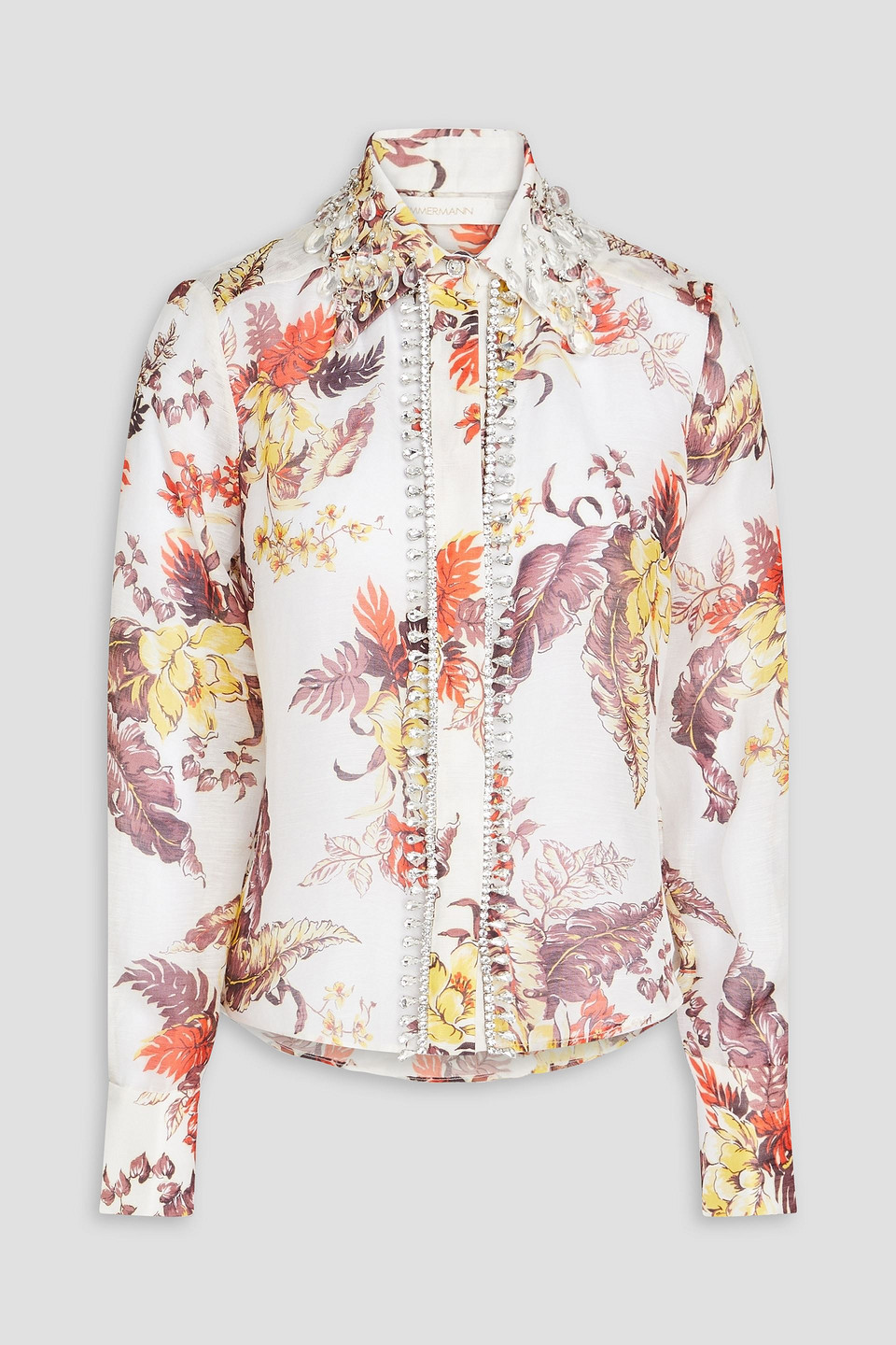 Zimmermann Embellished Floral-print Linen And Silk-blend Shirt In Ivory