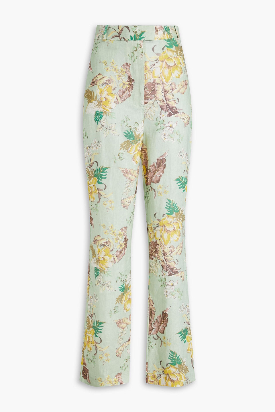 Zimmermann Matchmaker Floral-print Linen Straight-leg Pants In Light Green