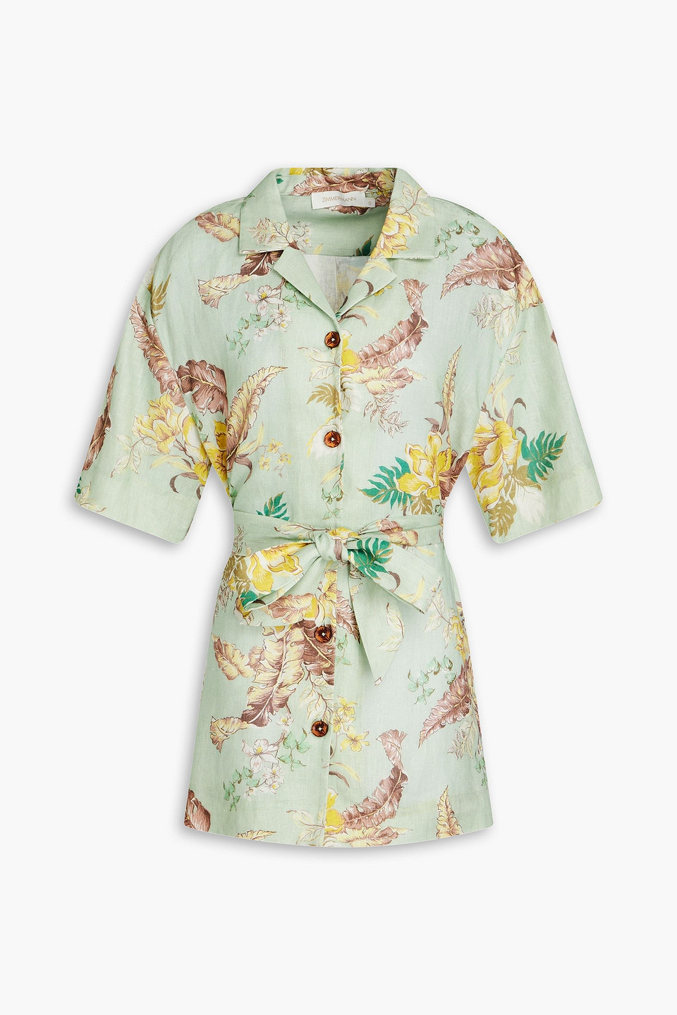 Zimmermann Matchmaker Belted Floral-print Linen Shirt In Green