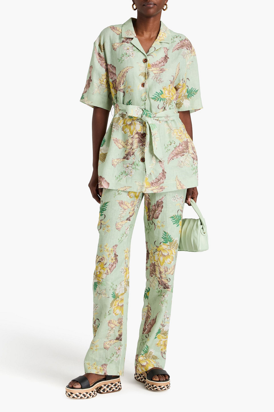 Zimmermann Matchmaker Belted Floral-print Linen Shirt In Green