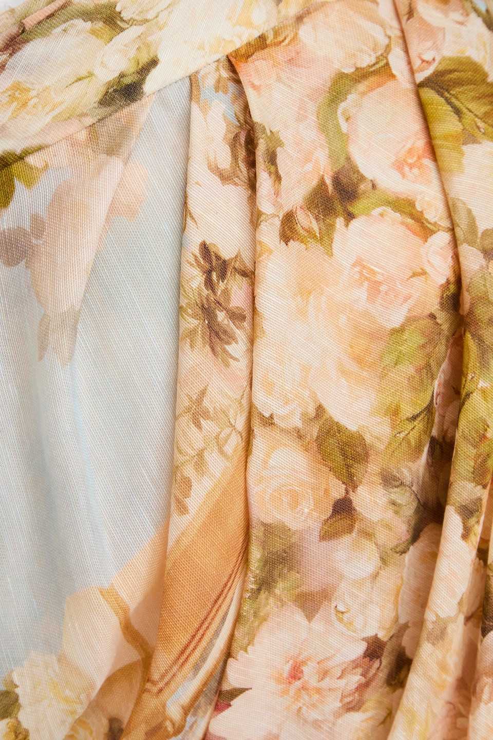 Zimmermann Draped Floral-print Linen And Silk-blend Gauze Mini Skirt In Multicolor