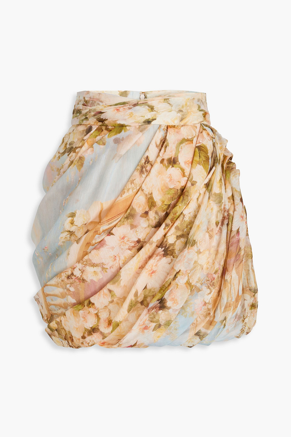 Zimmermann Draped Floral-print Linen And Silk-blend Gauze Mini Skirt In Multi