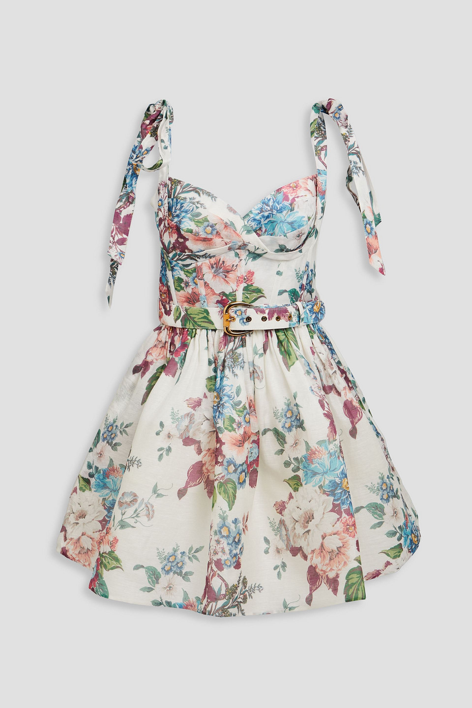 Zimmermann Matchmaker Belted Printed Linen And Silk-blend Mini Dress In Off-white