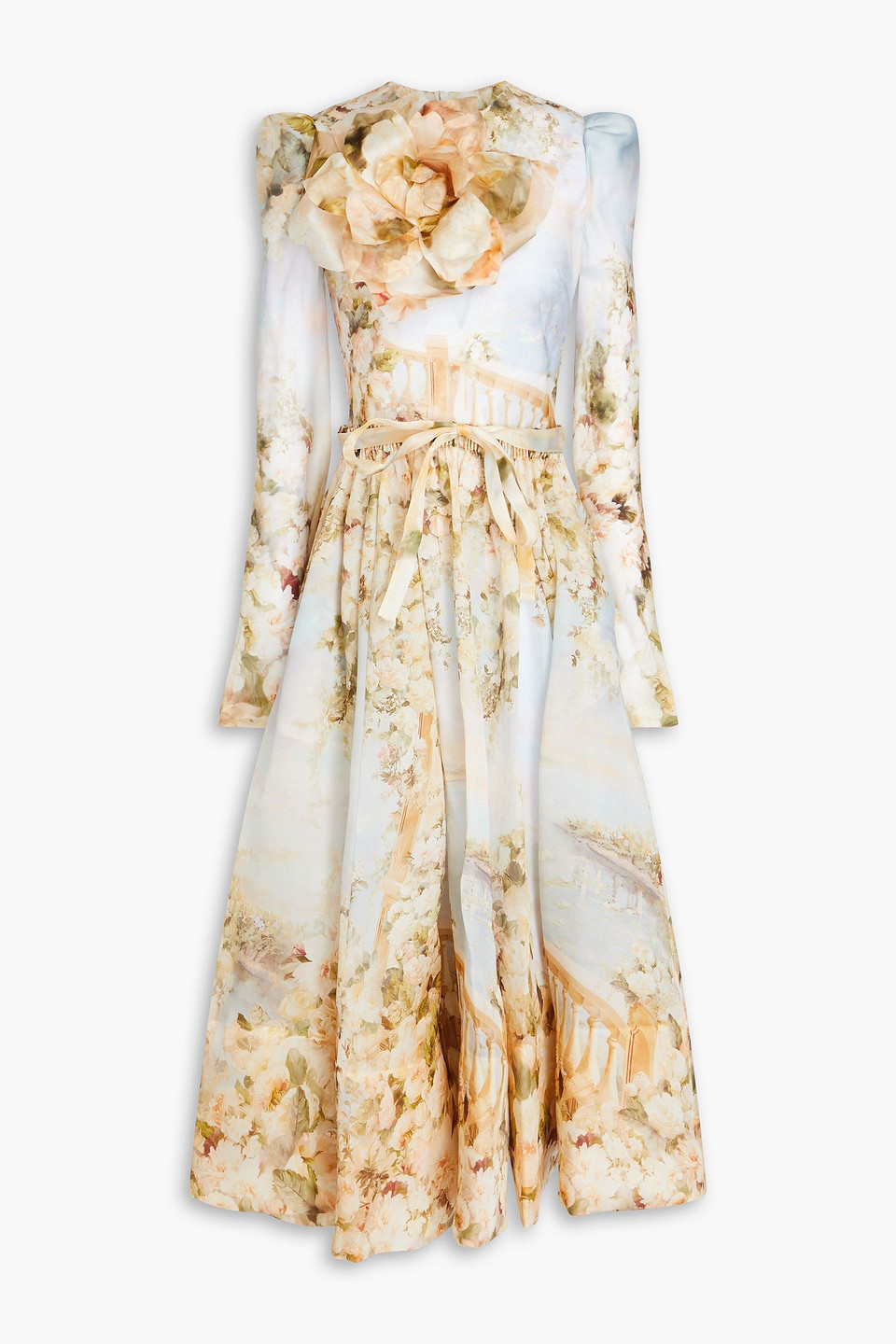 Zimmermann Appliquéd Floral-print Silk-organza Midi Dress In Pastel Orange