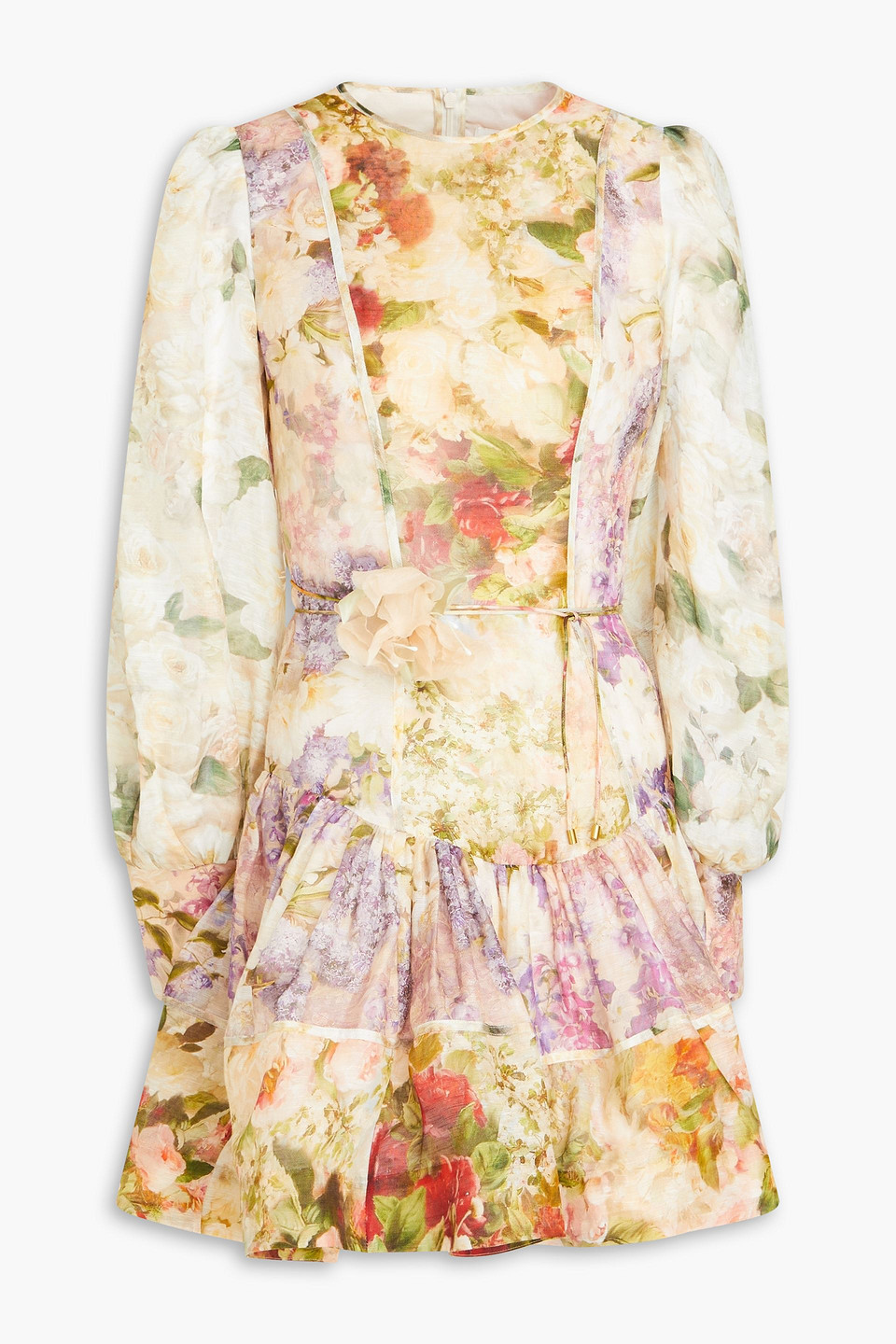 Zimmermann Minikleid Aus Gaze Aus Einer Leinen-seidenmischung Mit Floralem Print In Beige