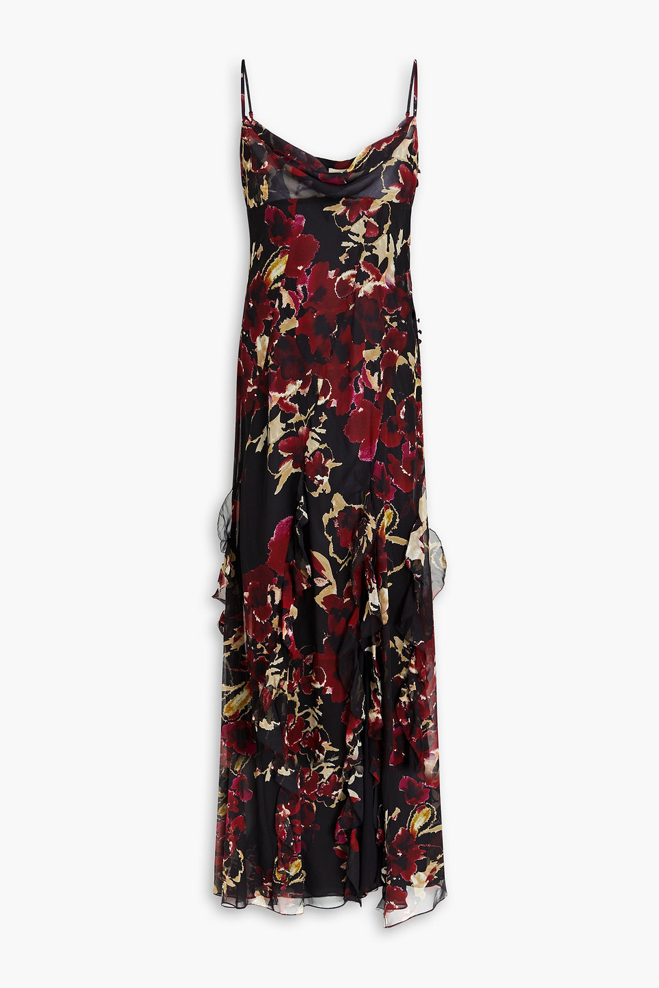 Nicholas Kamila Ruffled Printed Silk-chiffon Gown In Black