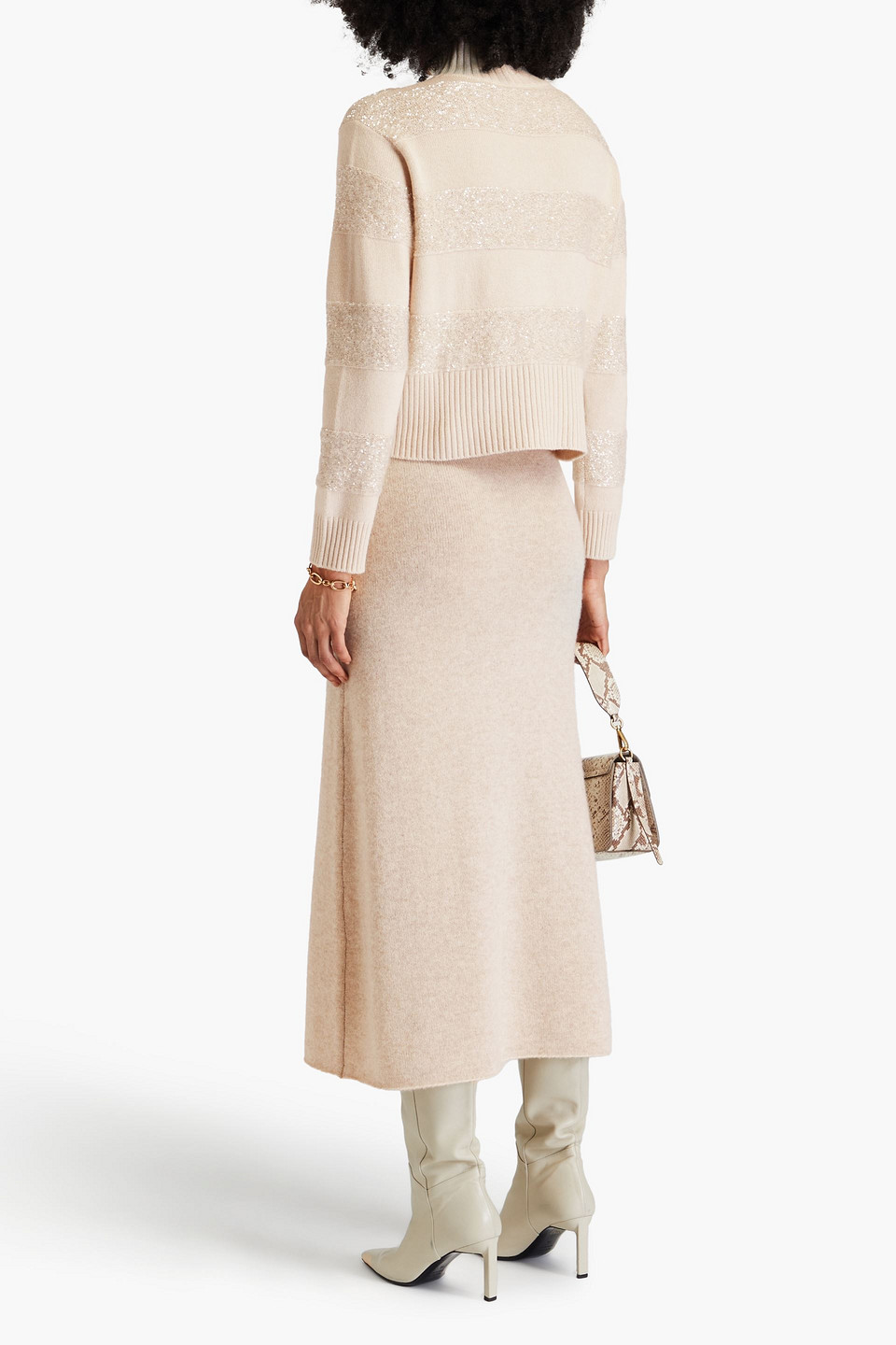 Brunello Cucinelli Sequin-embellished Striped Wool, Cashmere And Silk-blend Turtleneck Sweater In Neutral