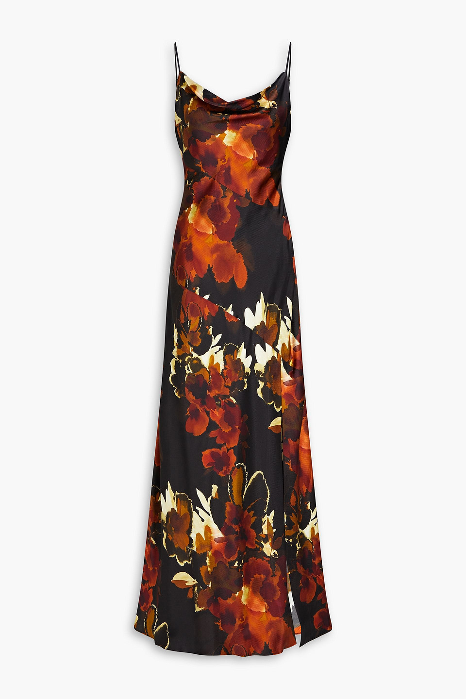 Draped printed silk-blend satin gown