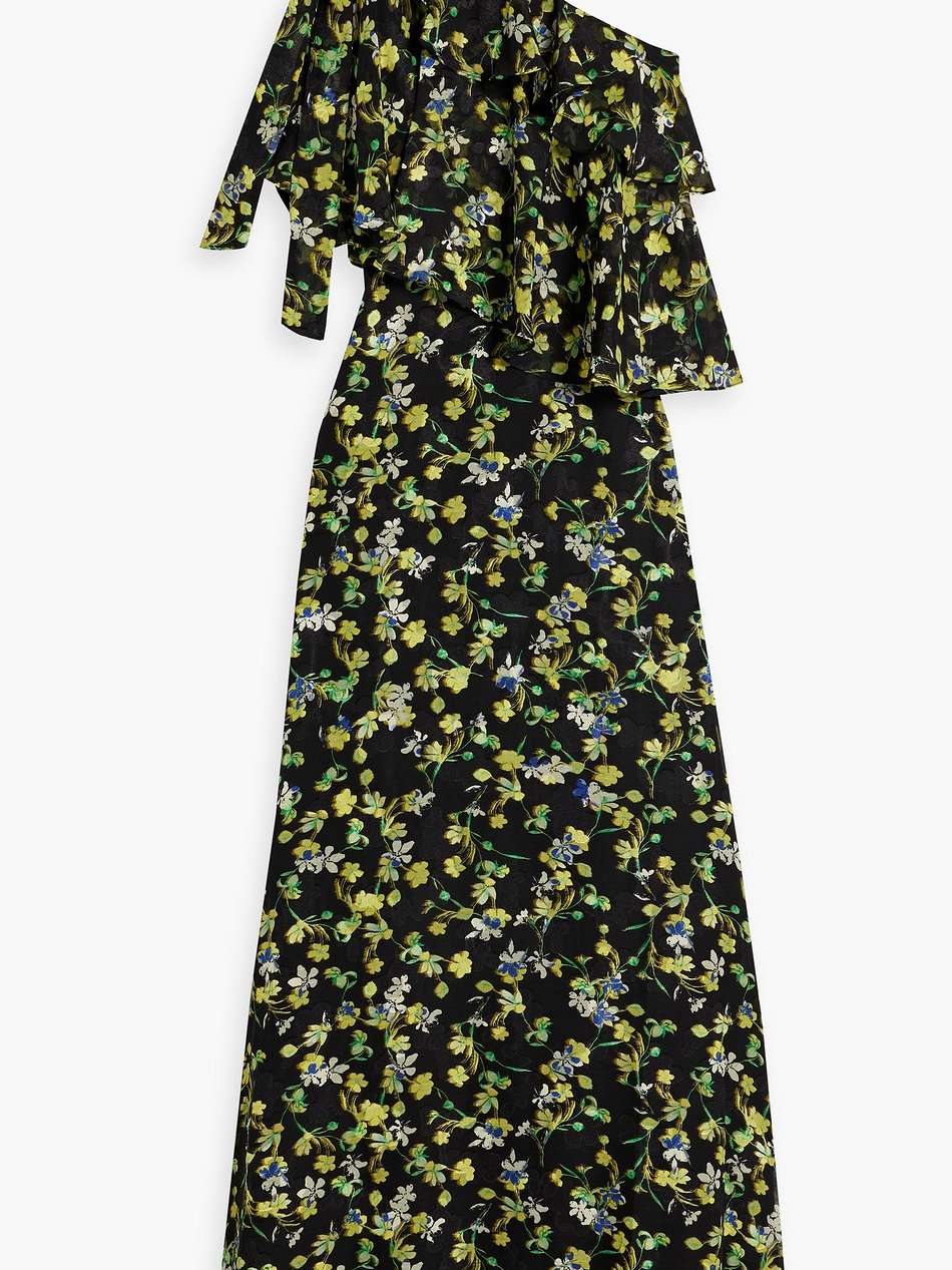 one-shoulder ruffled floral-print fil coupé chiffon maxi dress