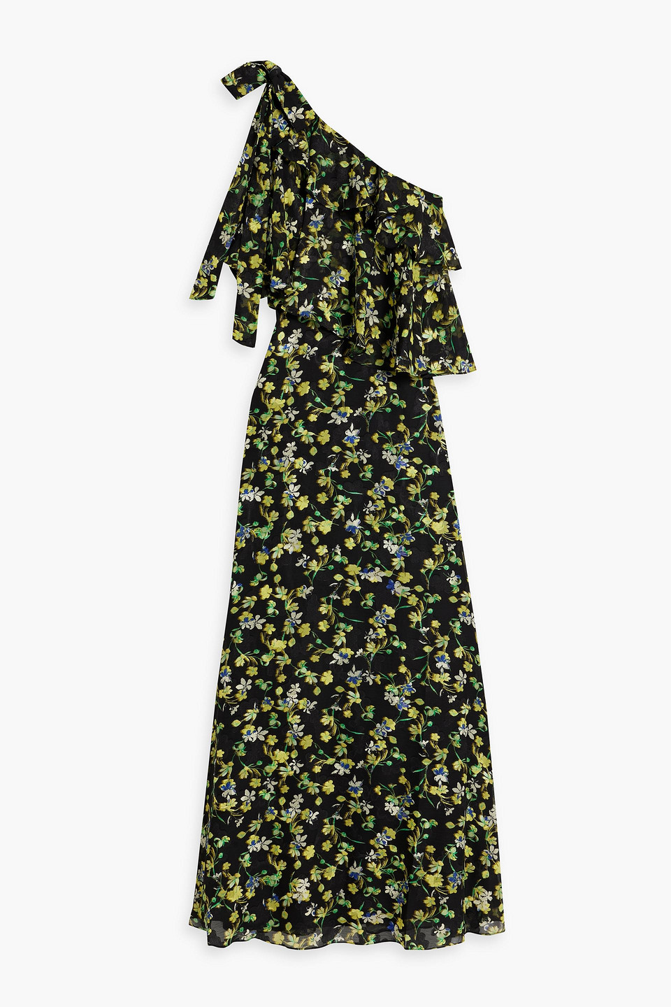 Mikael Aghal One-shoulder Ruffled Floral-print Fil Coupé Chiffon Maxi Dress In Black