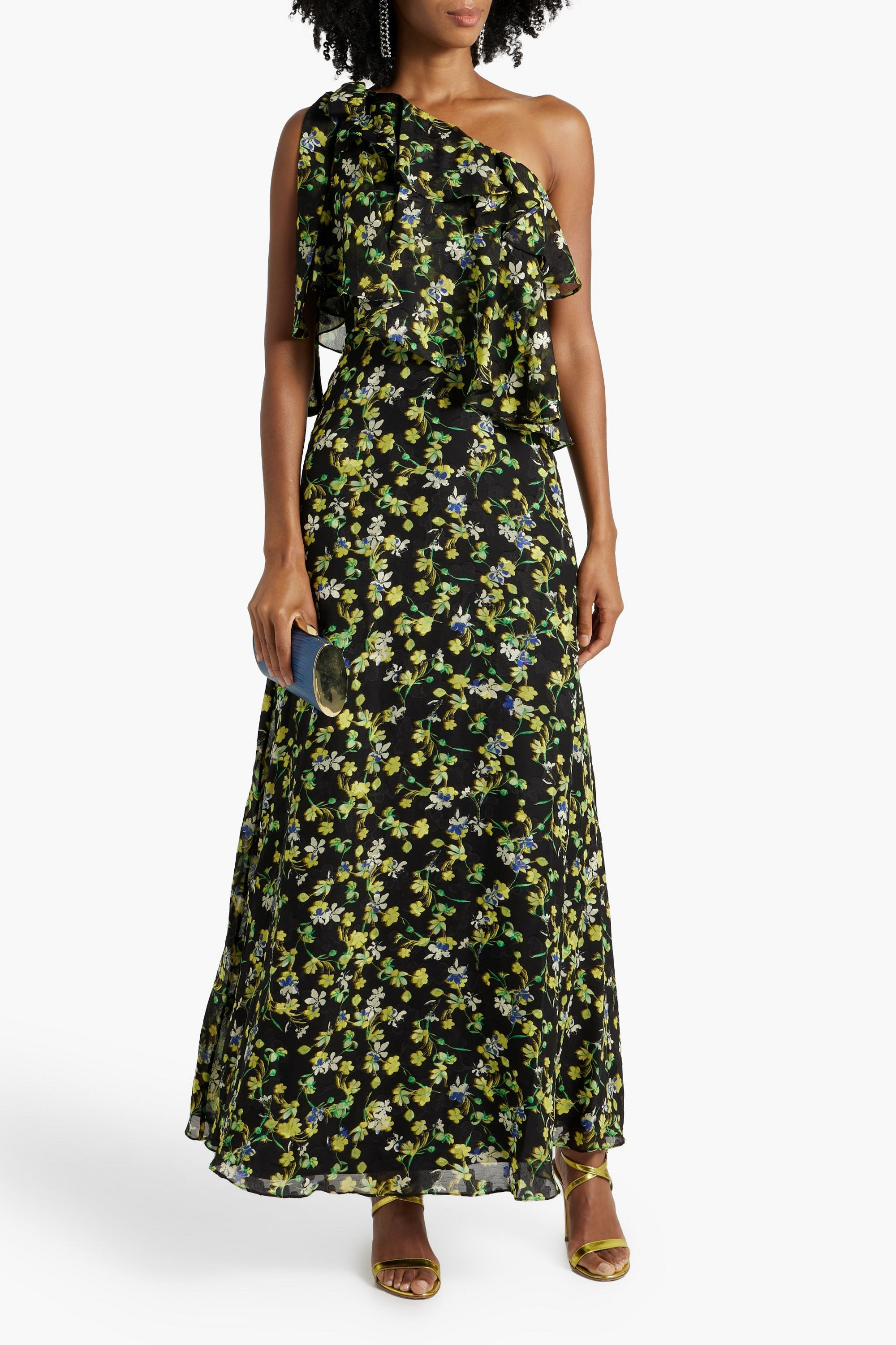 MIKAEL AGHAL One-shoulder ruffled floral-print fil coupé chiffon maxi dress