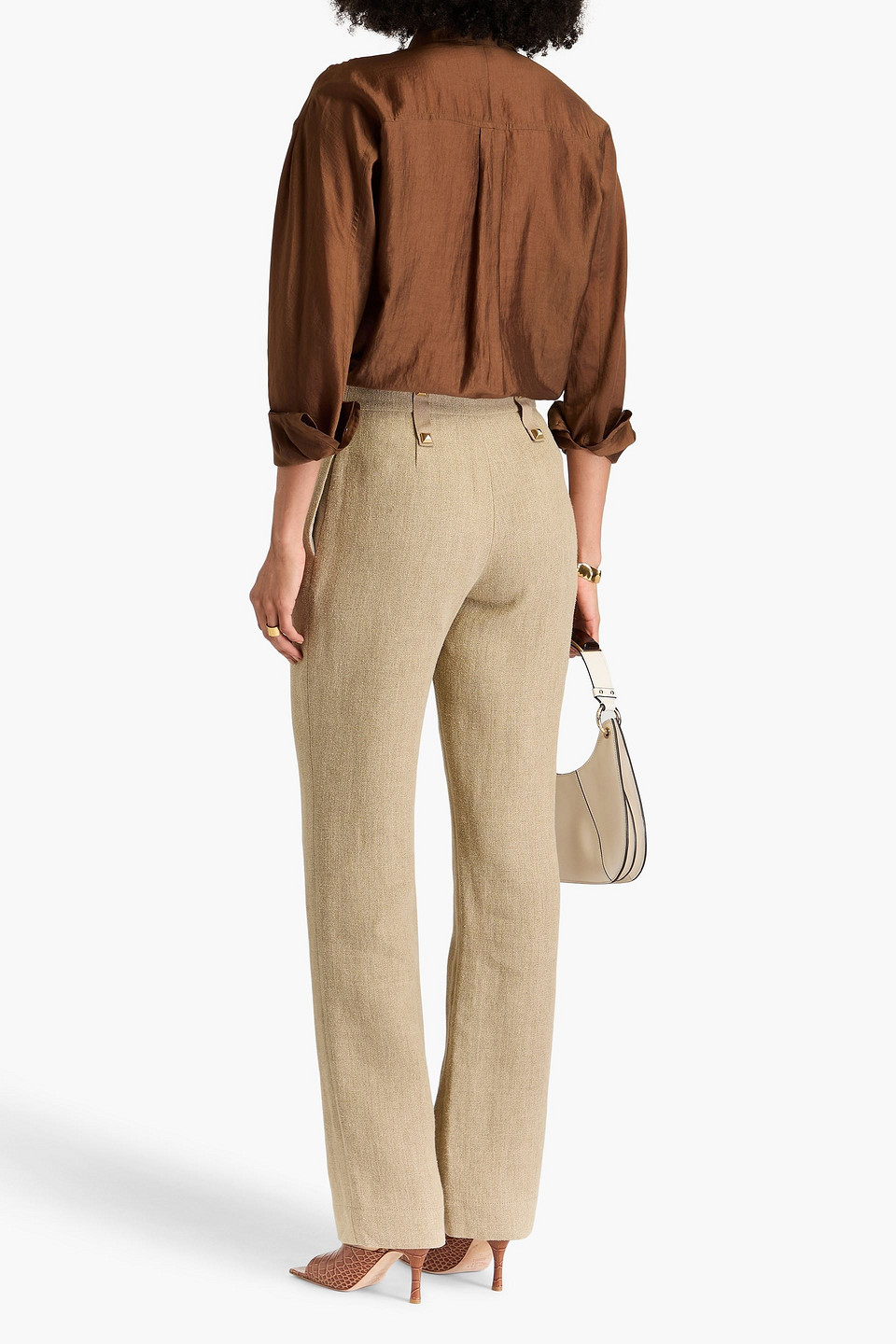 Alberta Ferretti Studded Pleated Linen Straight-leg Pants In Sand