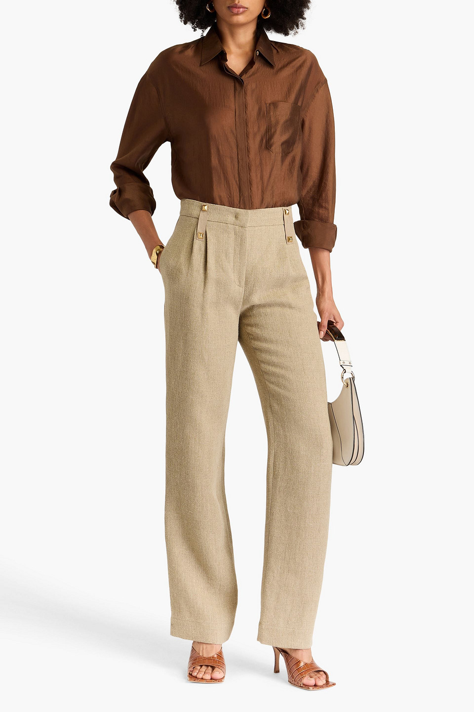 Alberta Ferretti Studded Pleated Linen Straight-leg Pants In Sand