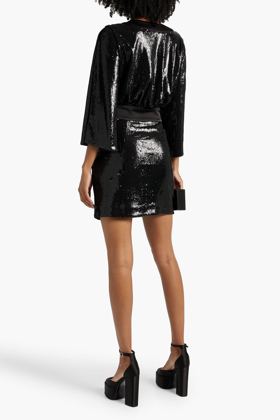 HALSTON SAGA DRAPED SEQUINED MESH MINI WRAP DRESS