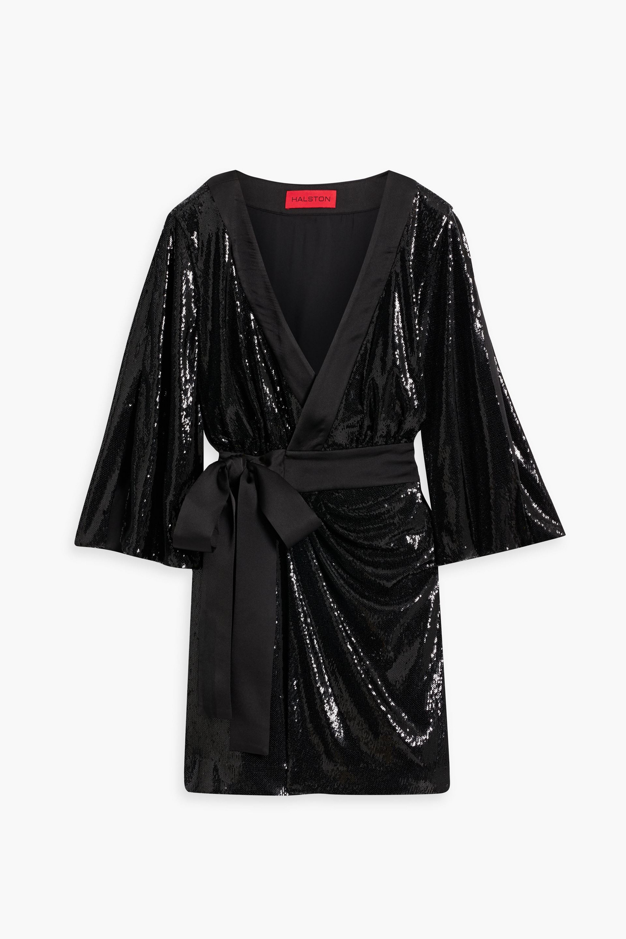 HALSTON Saga draped sequined mesh mini wrap dress thumbnail