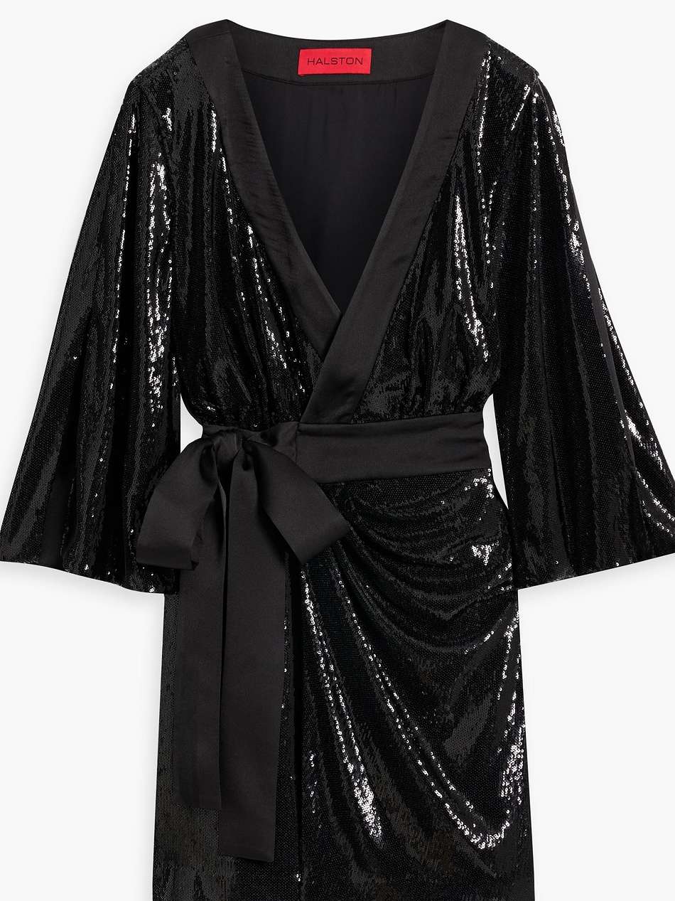 saga draped sequined mesh mini wrap dress