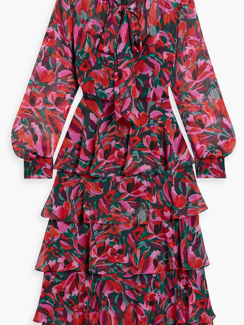 tiered floral-print chiffon midi dress