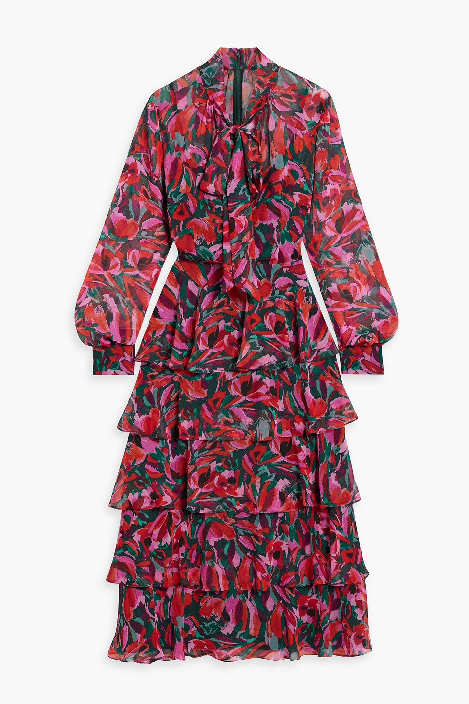 Mikael Aghal Tiered Floral-print Chiffon Midi Dress In Multicolor