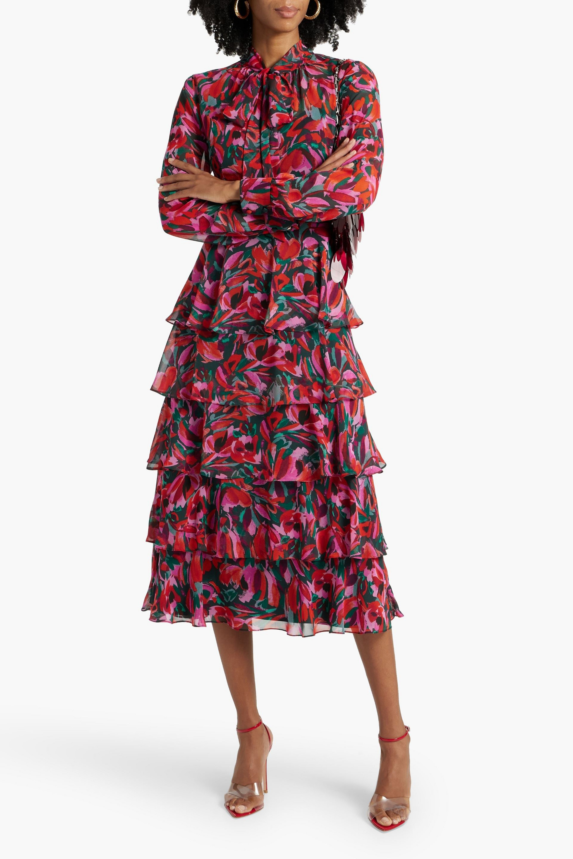 MIKAEL AGHAL Tiered floral-print chiffon midi dress