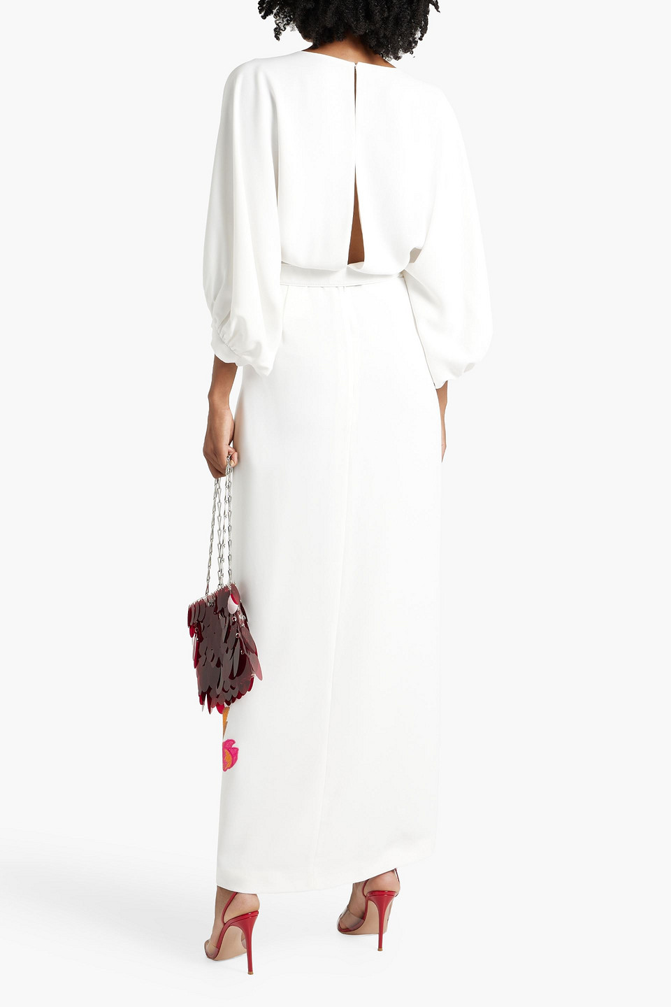 COSTARELLOS WRAP-EFFECT EMBROIDERED CREPE MAXI DRESS
