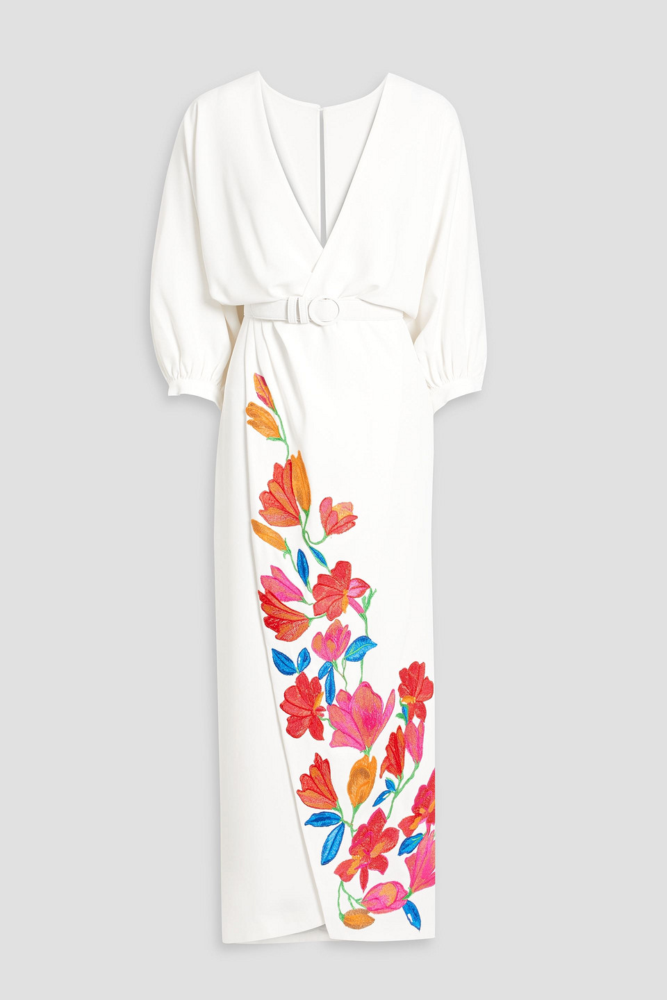 COSTARELLOS WRAP-EFFECT EMBROIDERED CREPE MAXI DRESS