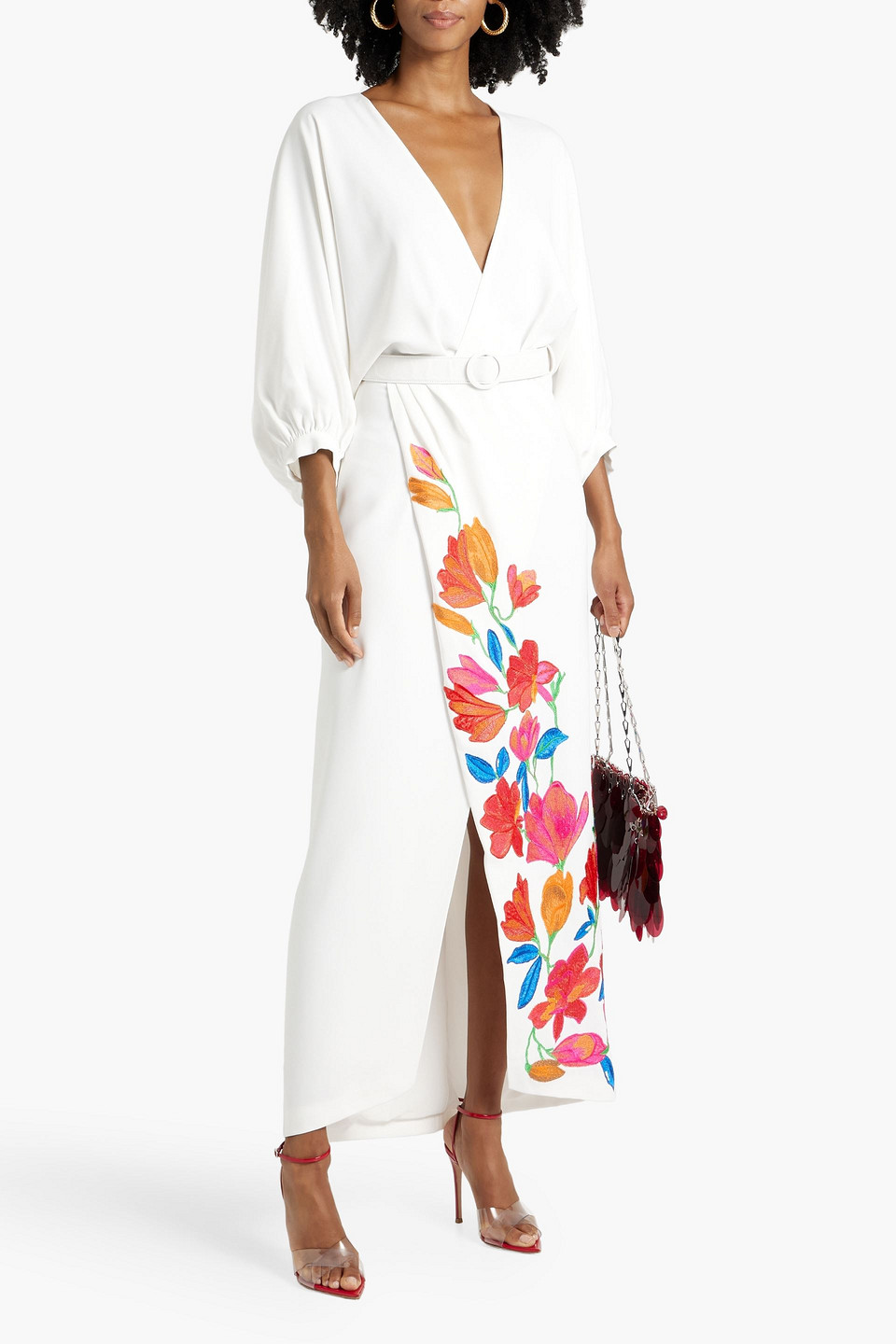 COSTARELLOS WRAP-EFFECT EMBROIDERED CREPE MAXI DRESS