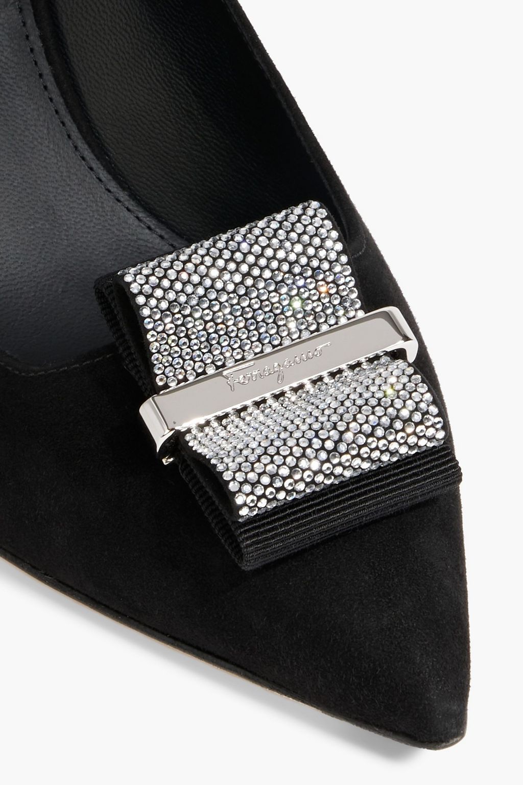FERRAGAMO Winnie 70 crystal-embellished suede pumps