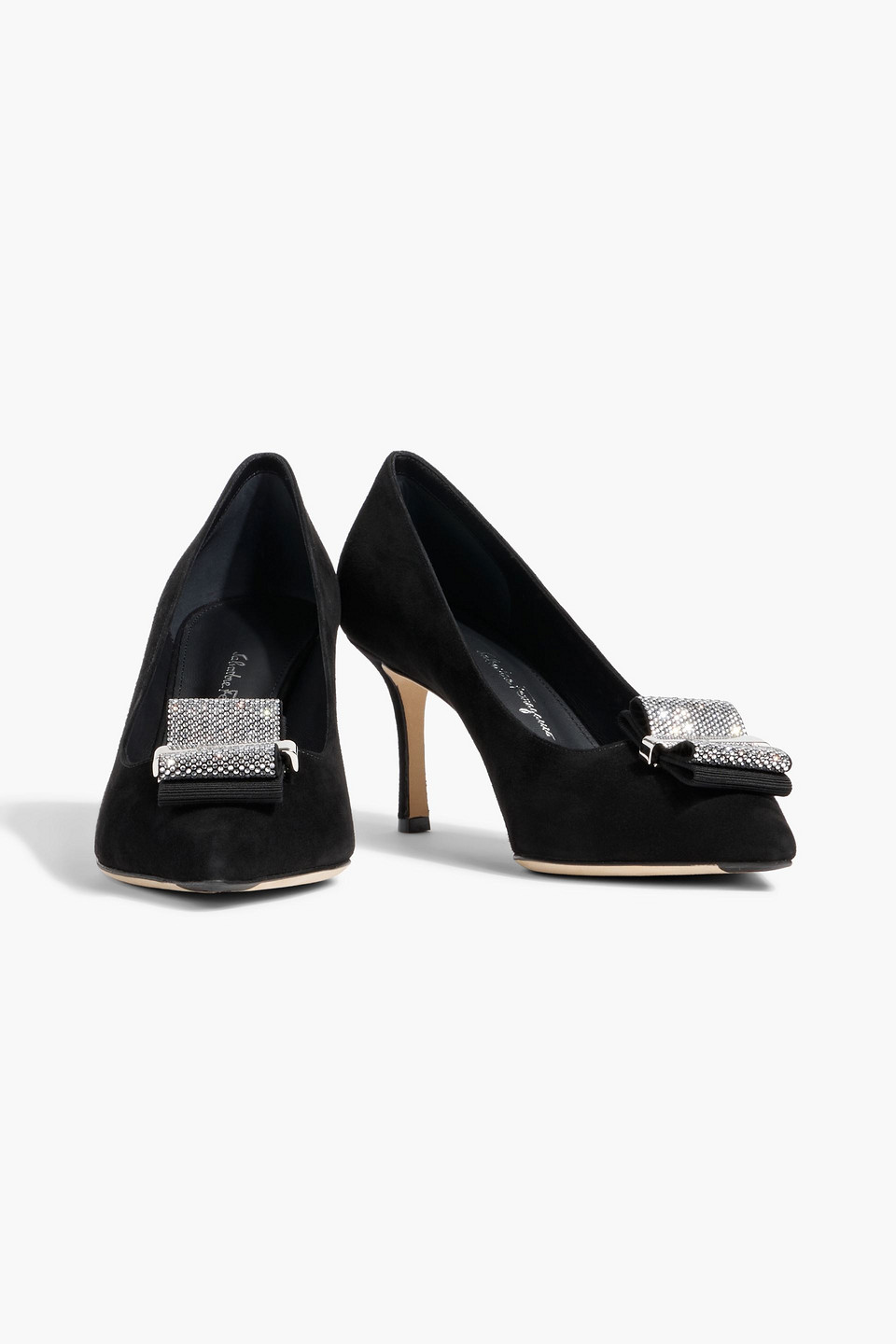 Ferragamo Winnie 70 Crystal-embellished Suede Pumps In Black