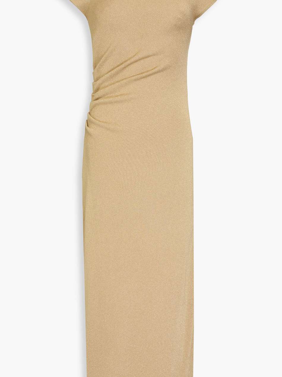 ruched metallic knitted midi dress