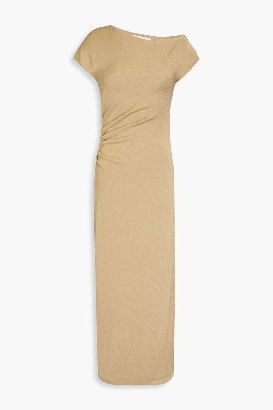 Ruched metallic knitted midi dress