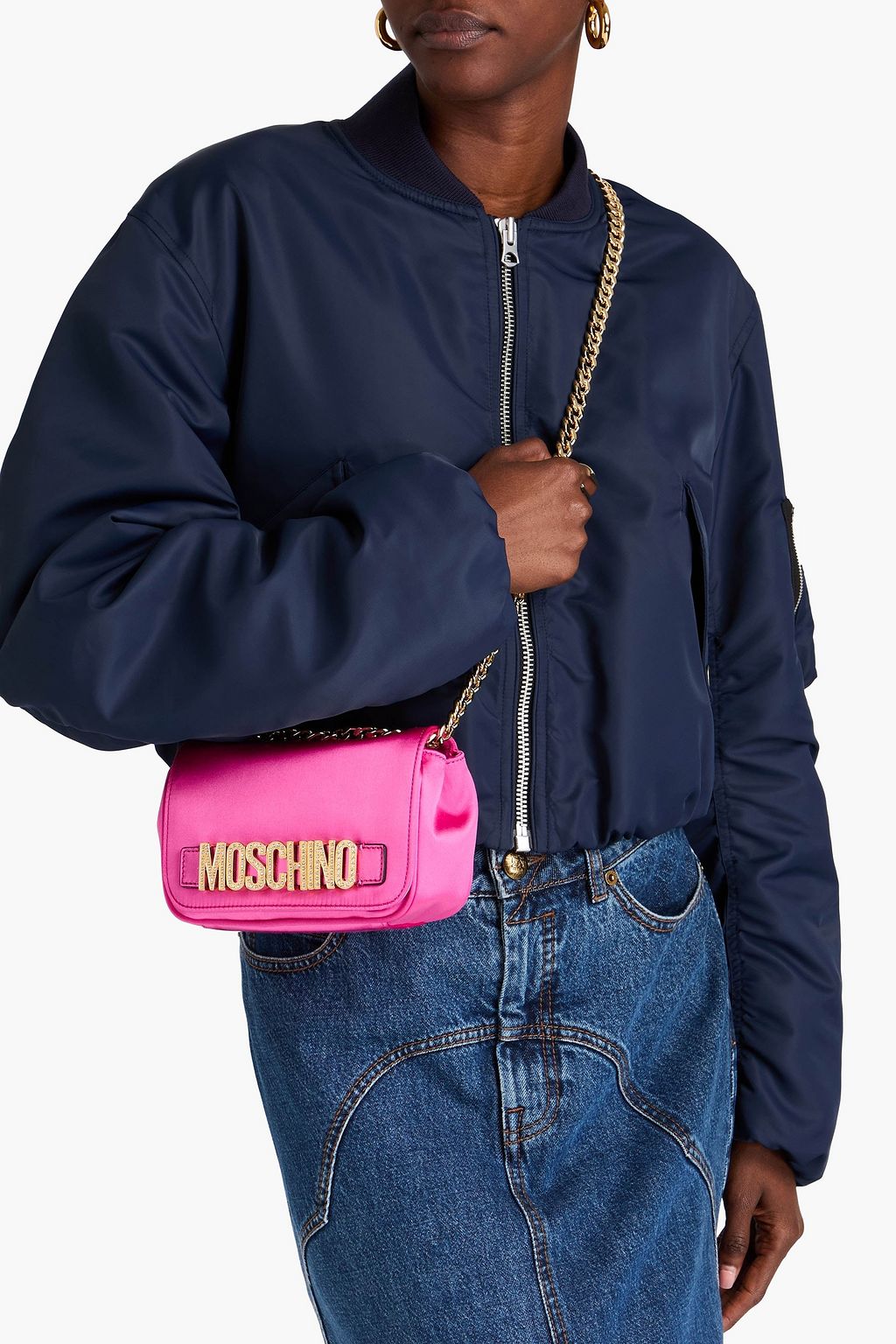 MOSCHINO حقيبة كروس بودي من الساتان بتصميم مزركش