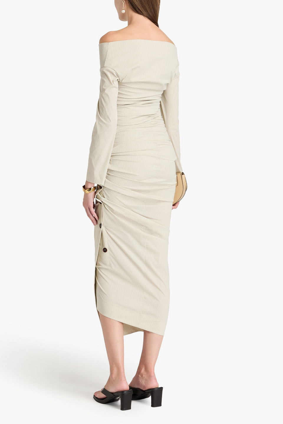 PHILOSOPHY DI LORENZO SERAFINI RUCHED STRIPED CREPE MIDI WRAP SKIRT