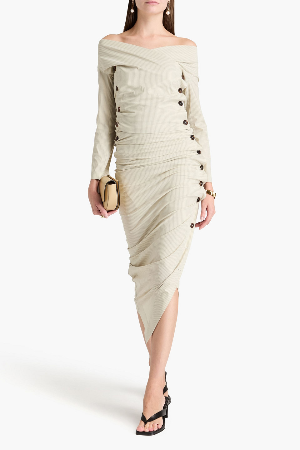 PHILOSOPHY DI LORENZO SERAFINI RUCHED STRIPED CREPE MIDI WRAP SKIRT