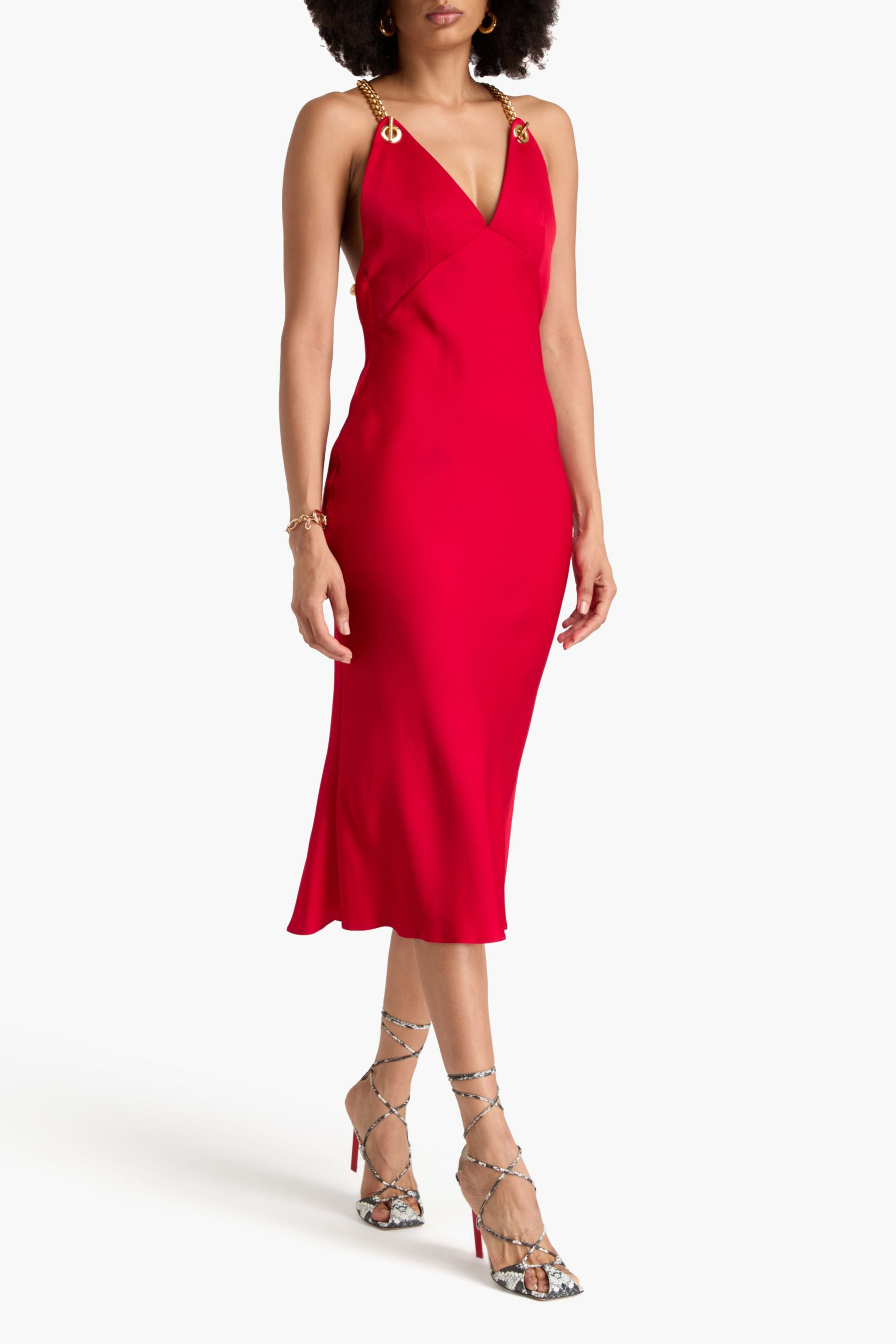 MOSCHINO Chain-embellished satin-crepe midi dress
