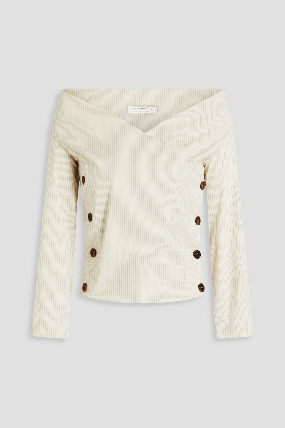 Philosophy Di Lorenzo Serafini Off-the-shoulder Striped Crepe Wrap Top In Ivory