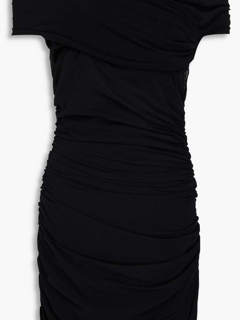 off-the-shoulder ruched jersey mini dress