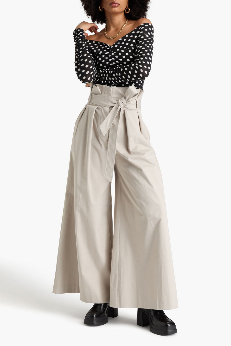 Moschino Pleated Cotton-blend Twill Wide-leg Pants In Stone