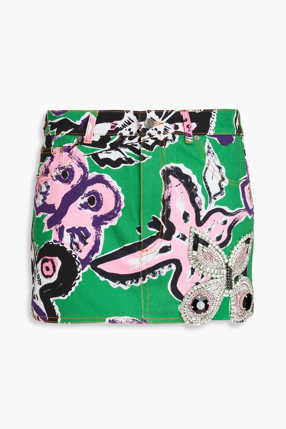 Area Embellished Floral-print Denim Mini Skirt In Green