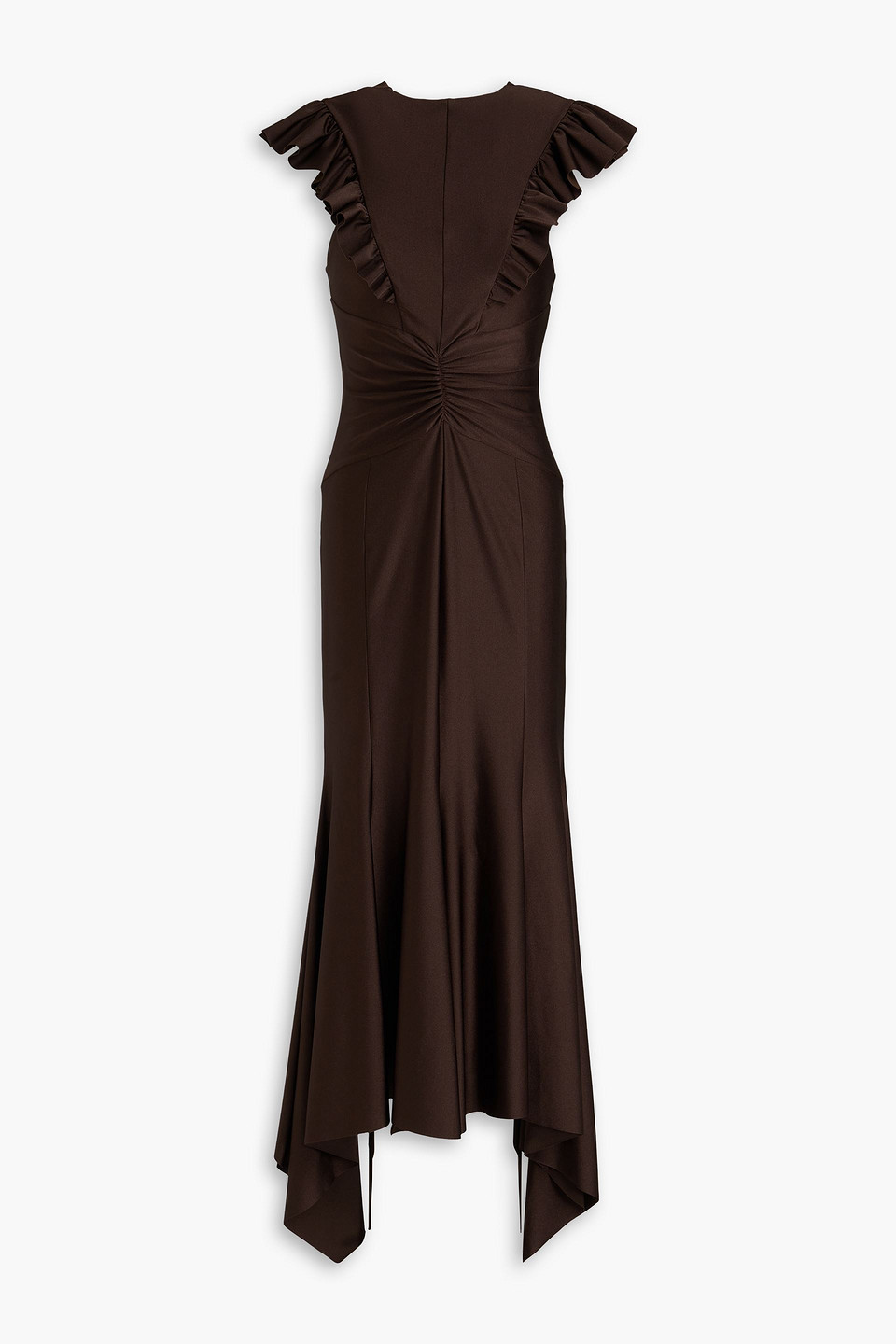 Philosophy Di Lorenzo Serafini Ruffled Satin-jersey Maxi Dress In Chocolate