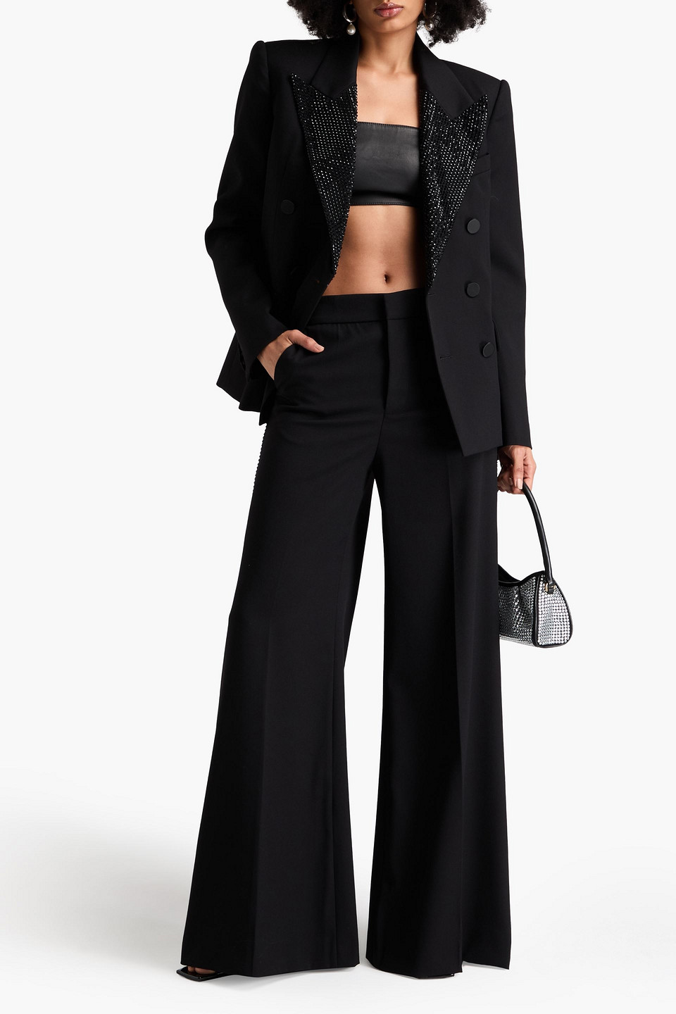 Area Crystal-embellished Wool-crepe Wide-leg Pants In Black
