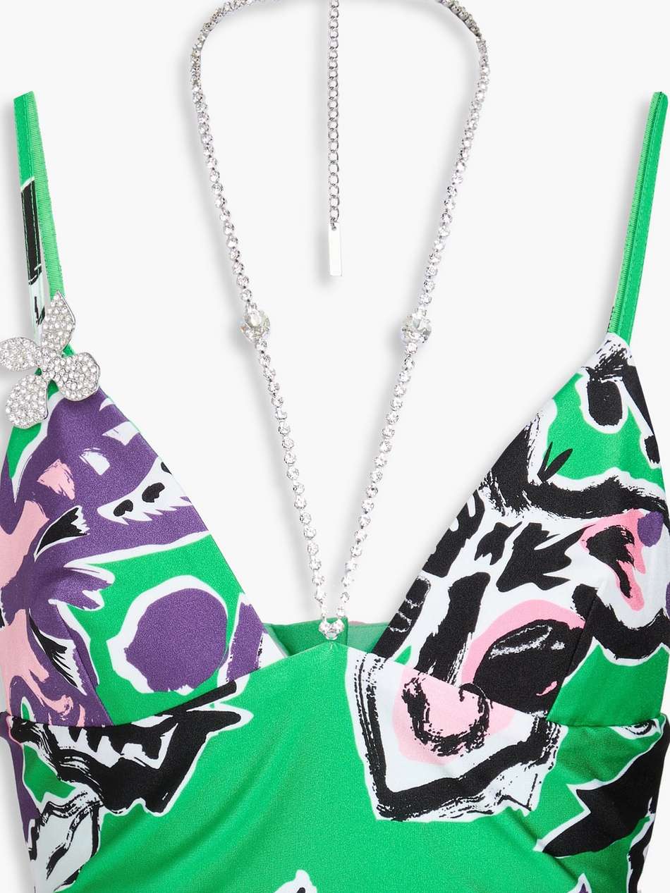 crystal-embellished printed jersey bustier top