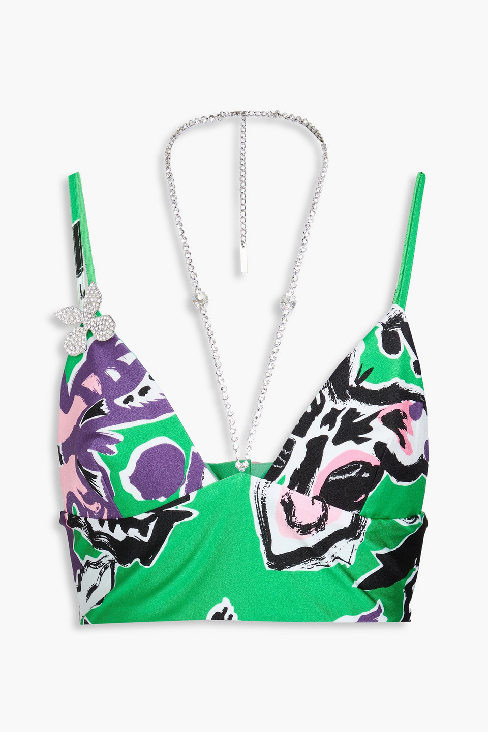 Area Crystal-embellished Printed Jersey Bustier Top In Green